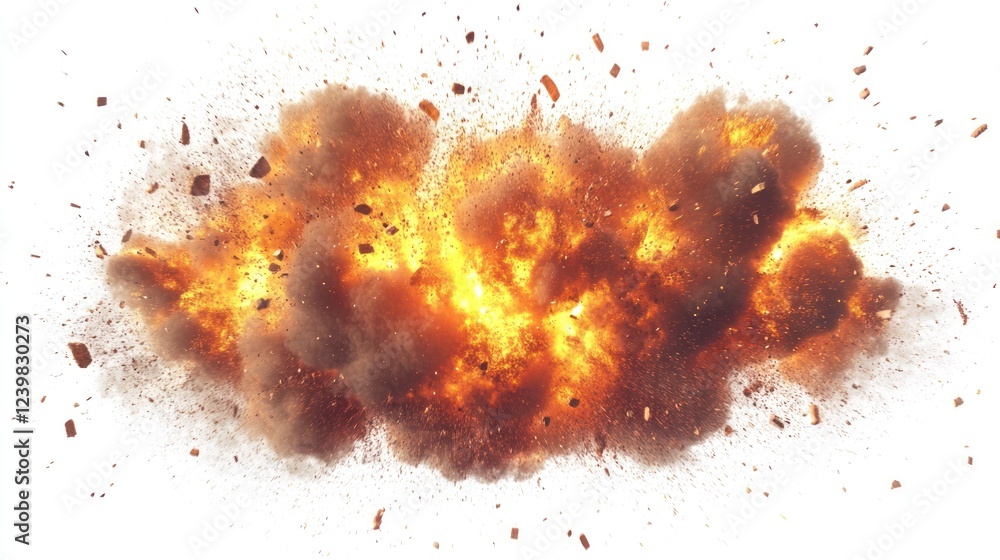 Fiery explosion isolated on white background, debris scattered, impact effect, visual effects Fiery explosion isolated on white background, debris scattered, impact effect, visual effects