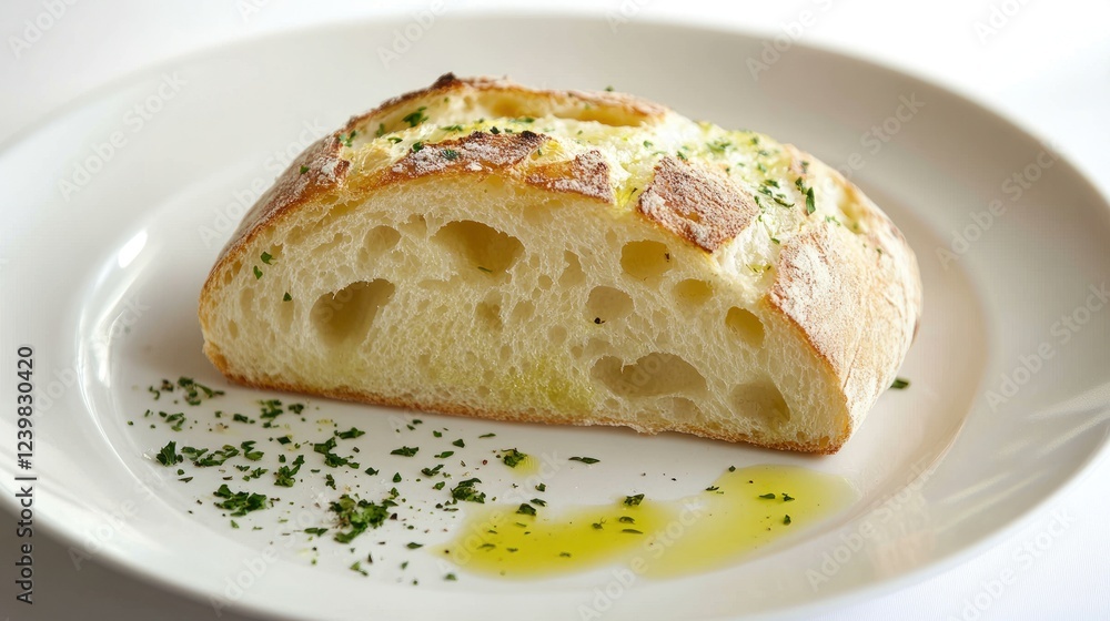 Garlic bread slice, herbs, oil, white plate, restaurant, food photography, menu Garlic bread slice, herbs, oil, white plate, restaurant, food photography, menu