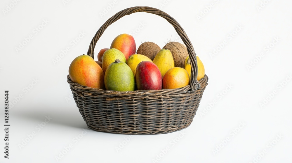 Tropical fruit basket, studio shot, white background, healthy food Tropical fruit basket, studio shot, white background, healthy food