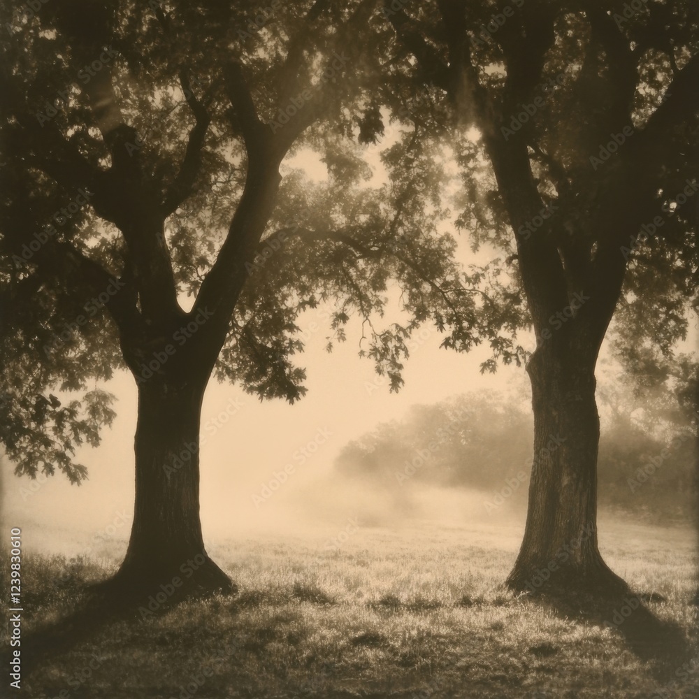 Serene Misty Morning: Two Majestic Trees in a Foggy Field Serene Misty Morning: Two Majestic Trees in a Foggy Field