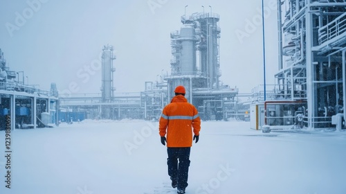 Worker walking snowy refinery, winter plant background photo