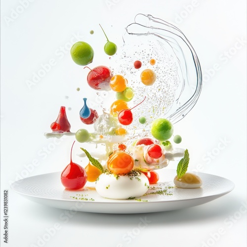 Molecular gastronomy with complex plating, isolated on white, showcasing creative culinary design photo