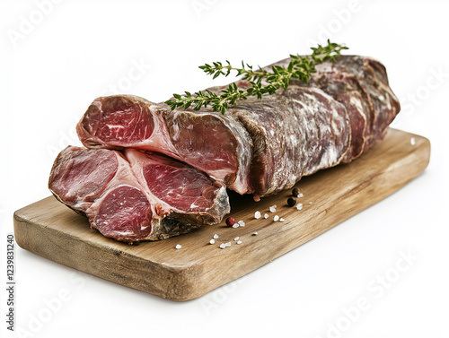 piece of raw meat with rosemary isolated on whiute photo