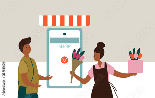 Flower shop and delivery online service  or platform concept. Small local business concept . Flat vector cartoon hand drawn illustration