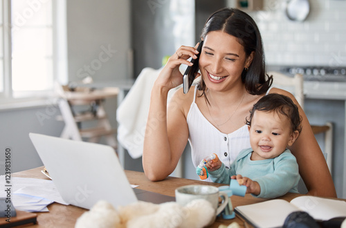 Cuadro en lienzo Laptop, baby or mother multitasking with phone call for remote work, freelance client or business in home