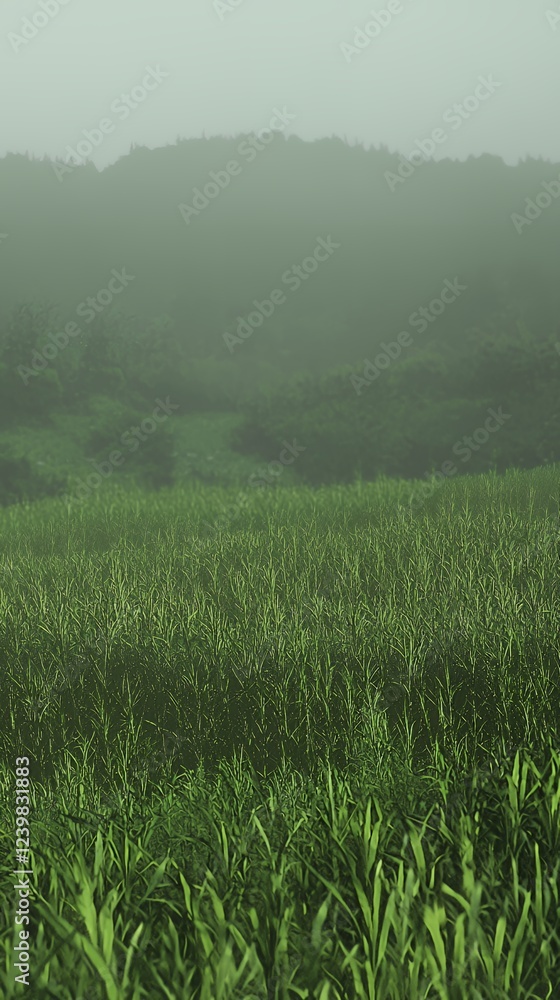 Misty Green Meadow and Foggy Hills Landscape Misty Green Meadow and Foggy Hills Landscape