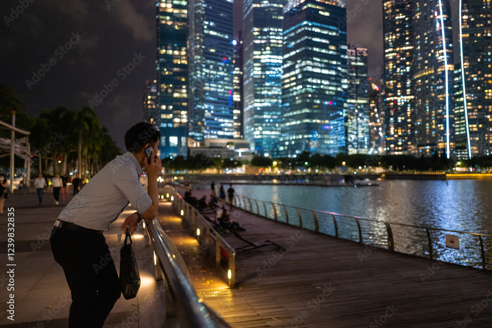 Fototapeta premium Businessman on a call at night, overlooking a stunning cityscape of skyscrapers and calm waters.