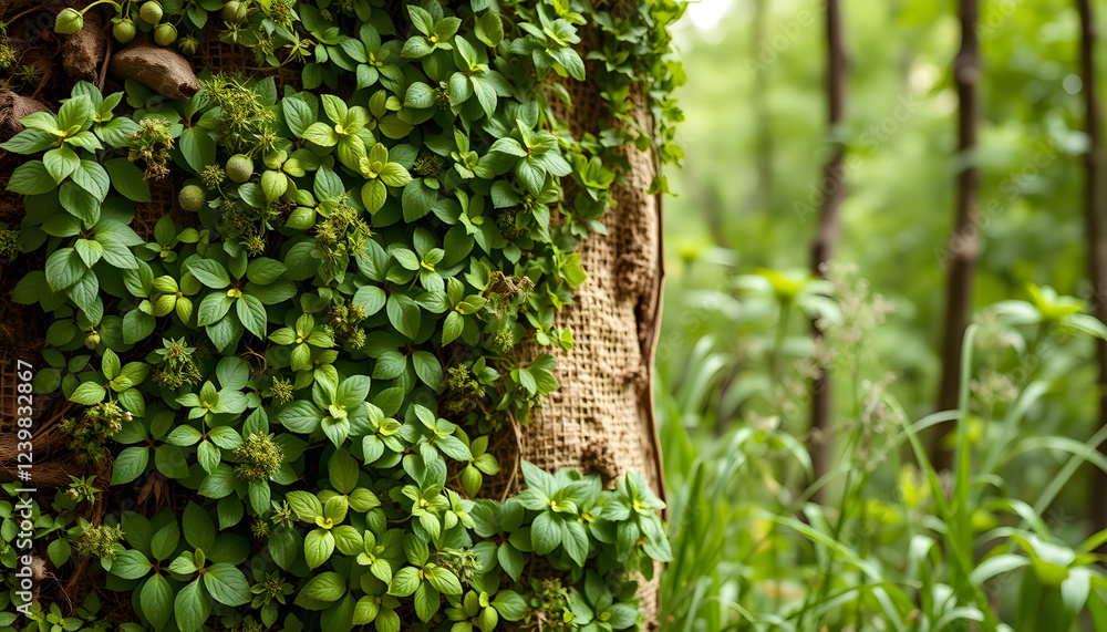 Fototapeta premium Herb wall, plant wall, natural green wallpaper and background. nature wall. Nature background of green forest, craft clay. isolated with white shades