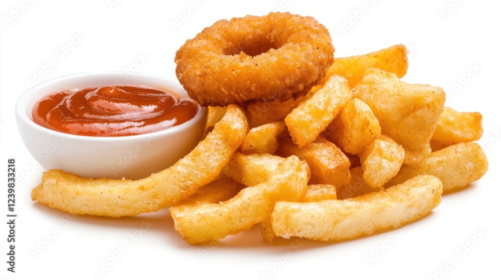 A serving of crispy fries with a side of ketchup and a donut on top. A serving of crispy fries with a side of ketchup and a donut on top.