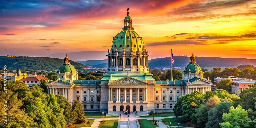 Fototapeta premium Panoramic View of Pennsylvania State Capitol Building Dome at Sunset