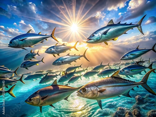 Panoramic View of Tuna Fish Schooling Near Ocean Surface photo