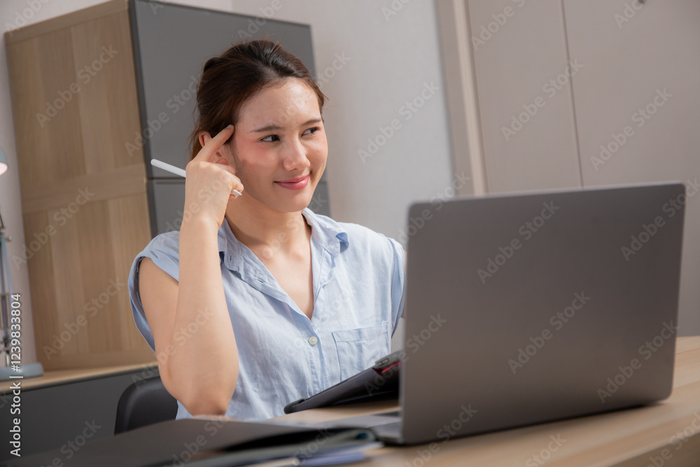 Young caucasian business woman working with laptop while thinking for planning financial on desk in modern home office, businesswoman planning and thoughtful about working, business concept.