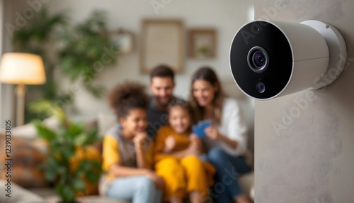 A home security camera focuses on a happy family sitting together, highlighting the importance of safety and family moments.