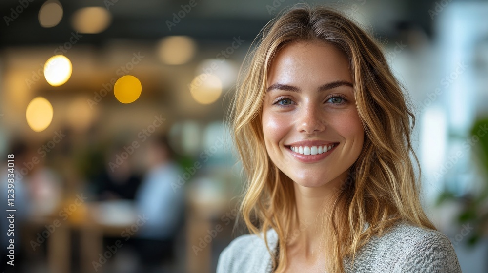 Young Woman Smiling in a Modern Office Setting Young Woman Smiling in a Modern Office Setting