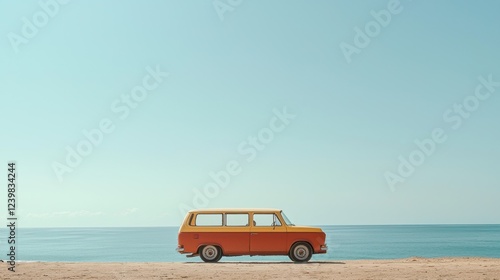 Orange and Yellow Vintage Van on Sandy Beach