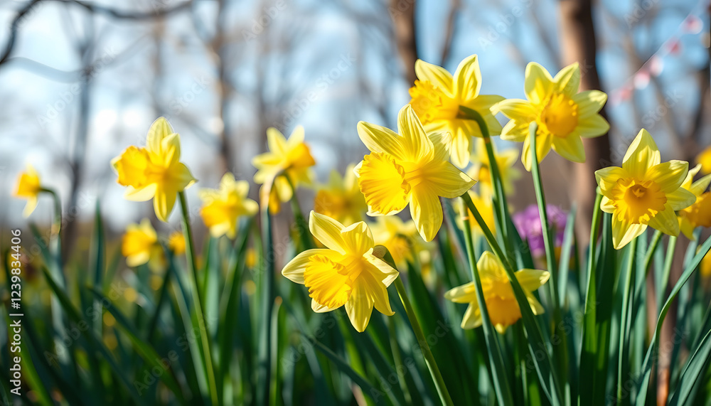 Nature Spring Background with blooming daffodil flowers, pop-art. isolated with white shades Nature Spring Background with blooming daffodil flowers, pop-art. isolated with white shades
