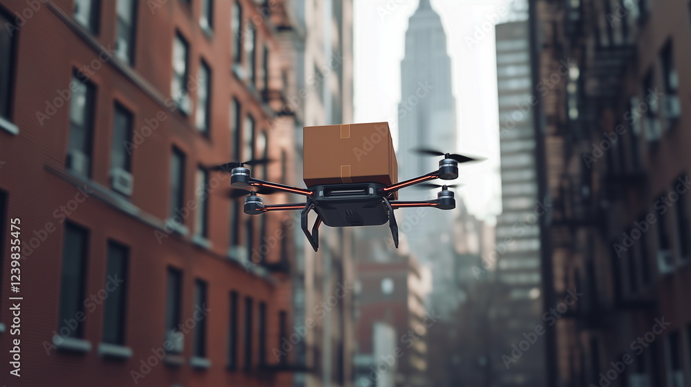 A close-up of a drone delivering packages while flying between city skyscrapers. A close-up of a drone delivering packages while flying between city skyscrapers.