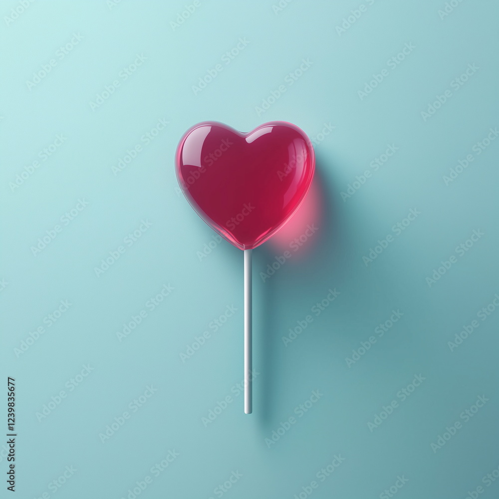 A lovely and romantic background with a close-up of a sparkly red heart-shaped lollipop. Isolated on pastel blue background. A lovely and romantic background with a close-up of a sparkly red heart-shaped lollipop. Isolated on pastel blue background.