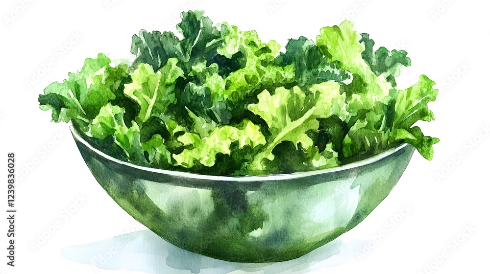 A watercolor painting of fresh green kale in a bowl A watercolor painting of fresh green kale in a bowl