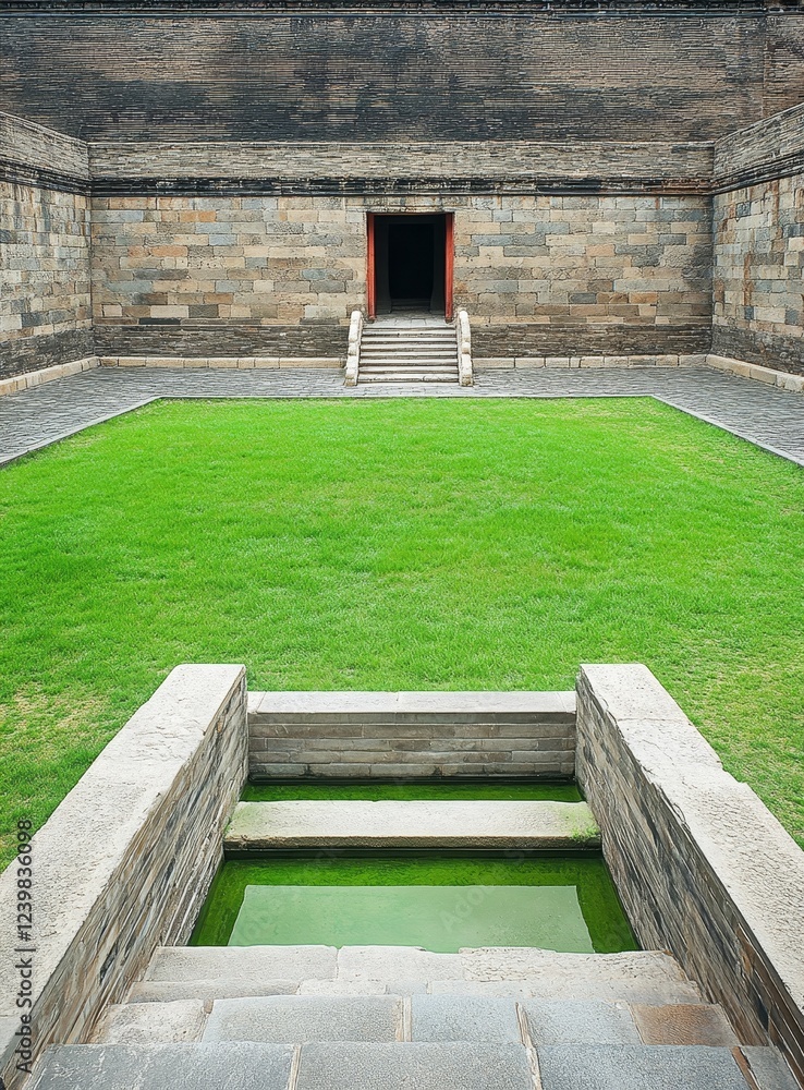 Fototapeta premium Ancient courtyard with green lawn, stone walls, and a central doorway.