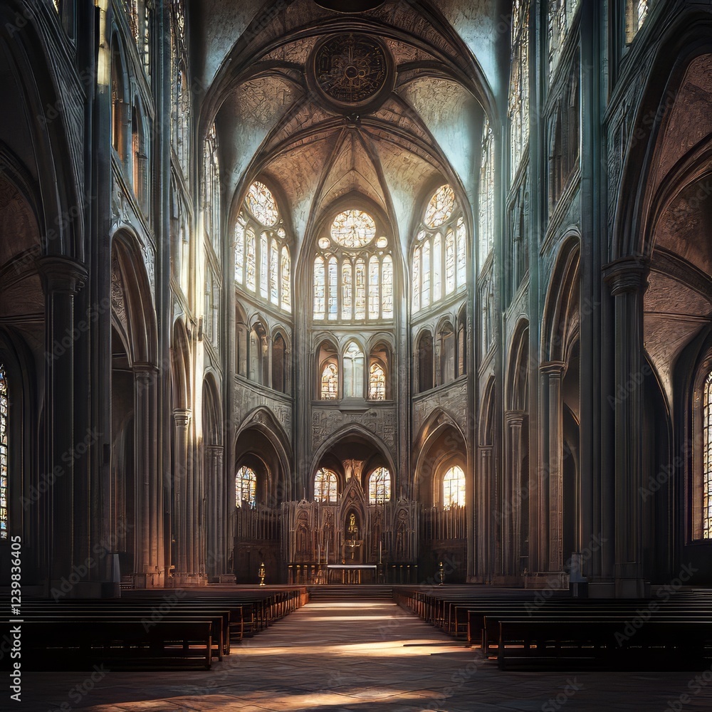 Obraz premium Sunlit Gothic cathedral interior