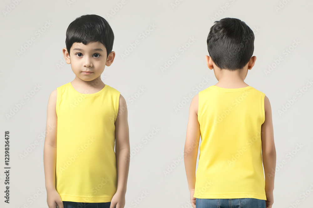 boy wearing a yellow sleeveless t-shirt tank top mockup front and back used as a design template boy wearing a yellow sleeveless t-shirt tank top mockup front and back used as a design template