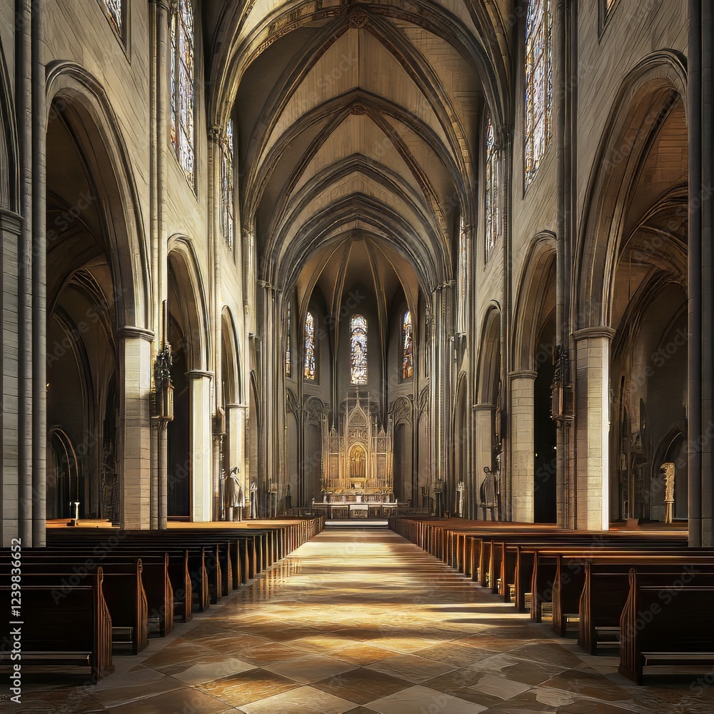 Fototapeta premium Sunlit cathedral nave and altar