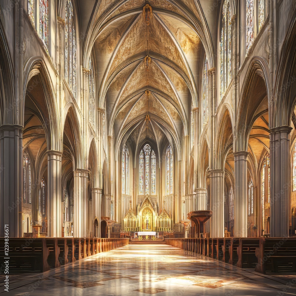 Grand cathedral interior, sunlit. Grand cathedral interior, sunlit.