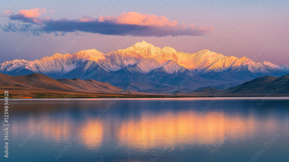 The sunrise and sunset shine on the snow-capped mountains, and the lake in front is reflected The sunrise and sunset shine on the snow-capped mountains, and the lake in front is reflected