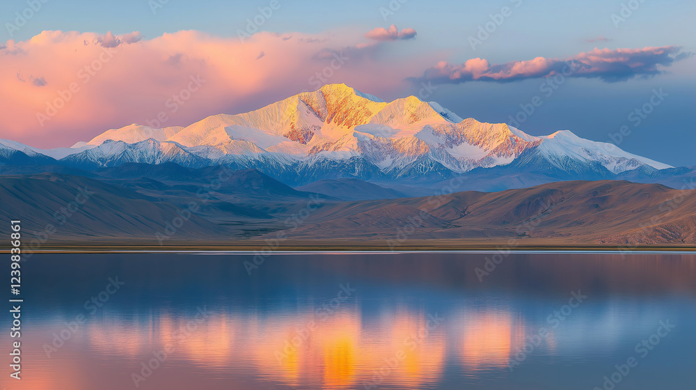 The sunrise and sunset shine on the snow-capped mountains, and the lake in front is reflected The sunrise and sunset shine on the snow-capped mountains, and the lake in front is reflected
