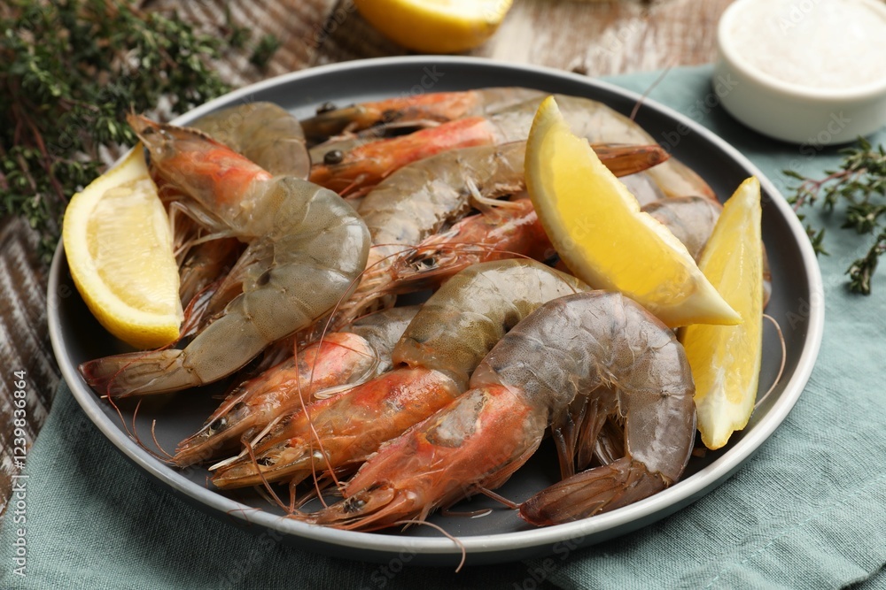 Fresh raw shrimps and spices on table, closeup Fresh raw shrimps and spices on table, closeup