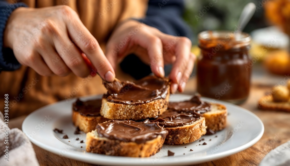 A person spreading chocolate hazelnut spread on a slice of bread, with a jar and chocolate chips nearby, evoking indulgence. A person spreading chocolate hazelnut spread on a slice of bread, with a jar and chocolate chips nearby, evoking indulgence.