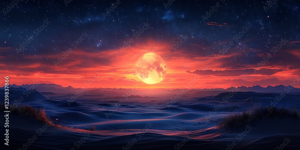 Fototapeta premium Majestic Desert Night Scene with Vibrant Sunset and Stars