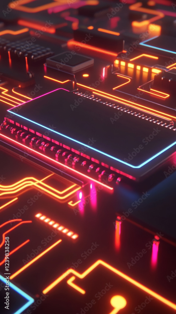 Fototapeta premium Futuristic circuit board with glowing neon lights