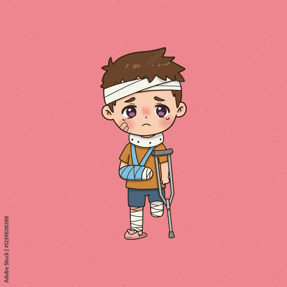 Sad Injured Boy Cartoon Illustration with Cast and Crutches Sad Injured Boy Cartoon Illustration with Cast and Crutches