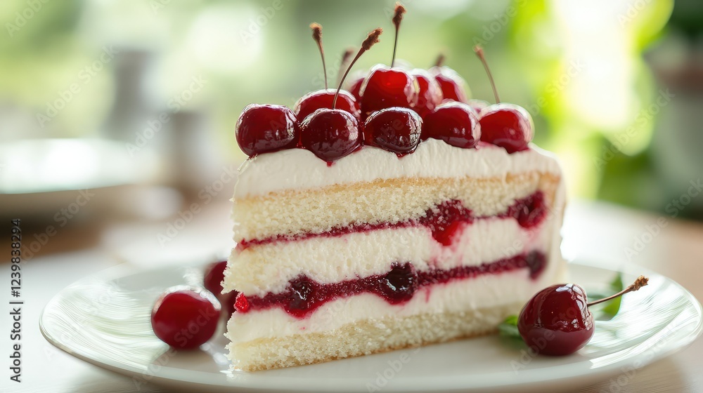 Freshly Baked Layered Cake with Cream and Cherry Topping on a White Plate, Perfect for Celebrations and Sweet Treats in a Bright Natural Setting Freshly Baked Layered Cake with Cream and Cherry Topping on a White Plate, Perfect for Celebrations and Sweet Treats in a Bright Natural Setting