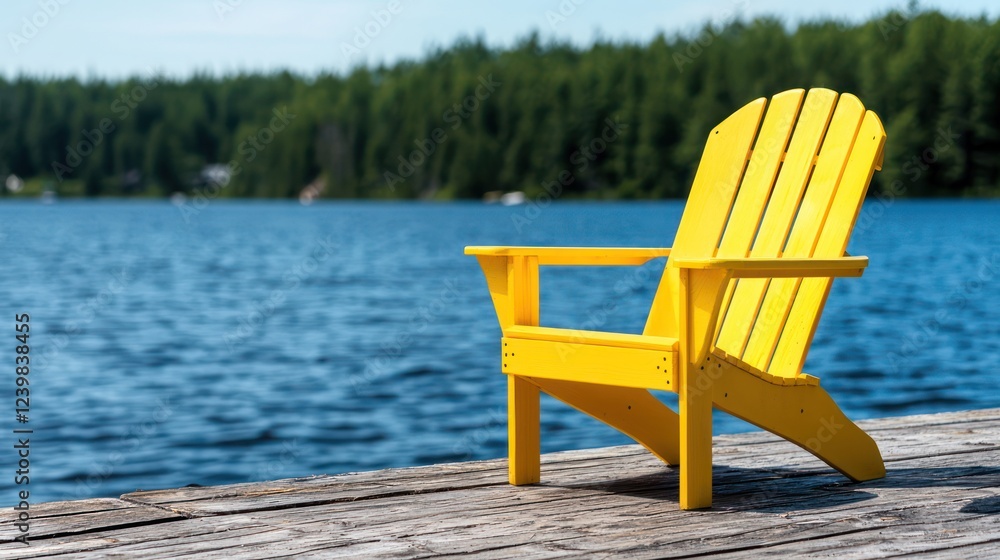Fototapeta premium A bright yellow Adirondack chair sits on a wooden dock by a serene lake surrounded by trees.
