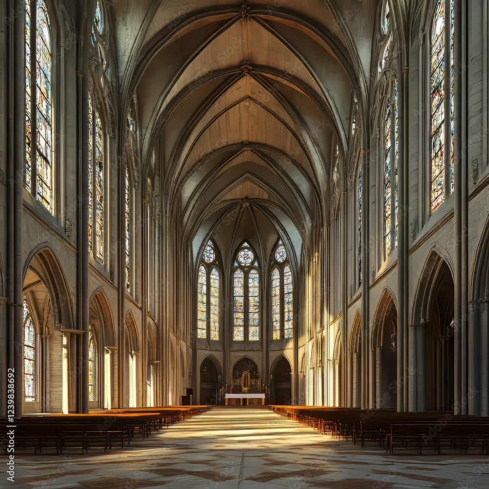 Sunlit Gothic cathedral nave Sunlit Gothic cathedral nave