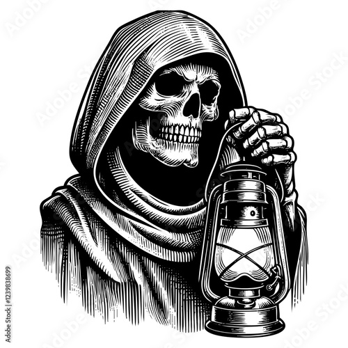 Grim reaper holding lantern sketch engraving black and white outline. Scratch board imitation.
