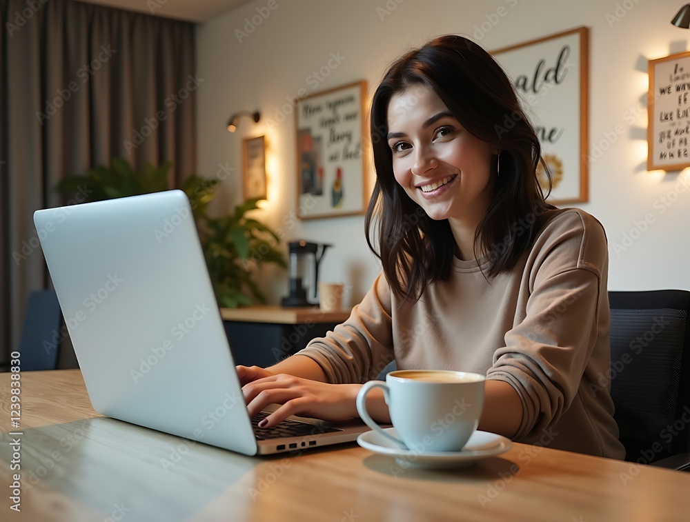Elegant young woman working remotely on her laptop in a stylish office, drinking coffee while focusing on business tasks, maintaining productivity and professionalism
Elegant young woman working remotely on her laptop in a stylish office, drinking coffee while focusing on business tasks, maintaining productivity and professionalism
