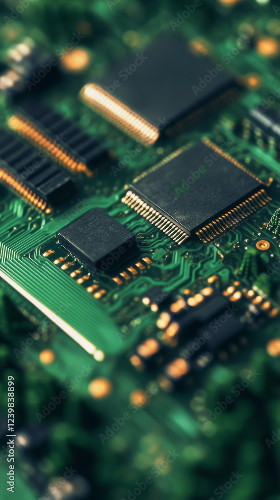 Close up of green circuit board with microchips Close up of green circuit board with microchips