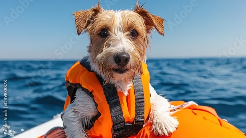 A dog in a life jacket enjoying a boat ride on the water.