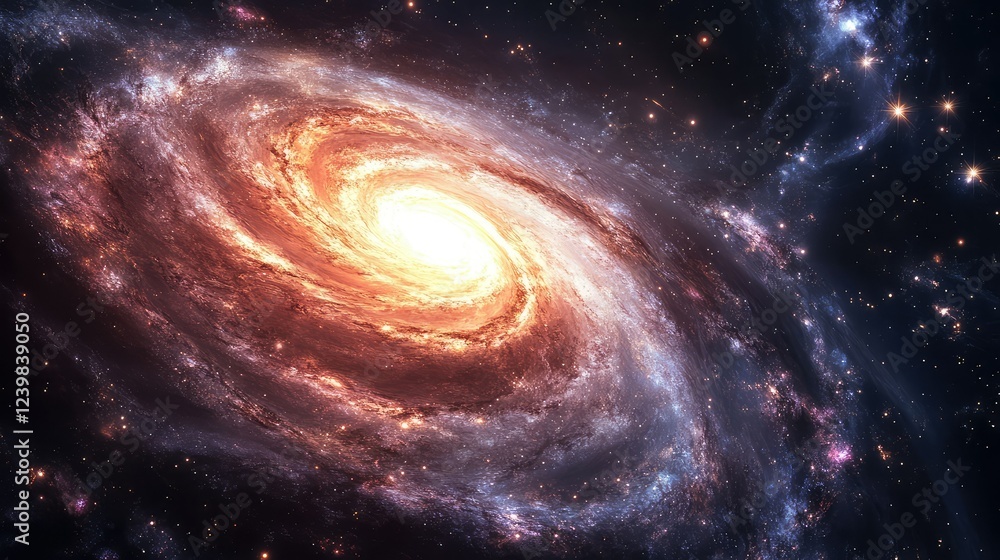 Obraz premium Majestic Spiral Galaxy with Bright Core and Colorful Gas Clouds in the Vast Cosmos, Showcasing the Beauty of Interstellar Space and Stellar Formation