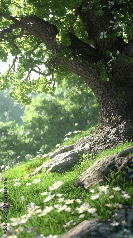 Majestic Oak Tree in a Sunlit Meadow Majestic Oak Tree in a Sunlit Meadow
