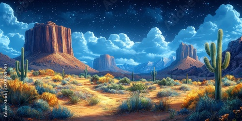 Realistic Desert Landscape at Night with Stars and Clouds photo