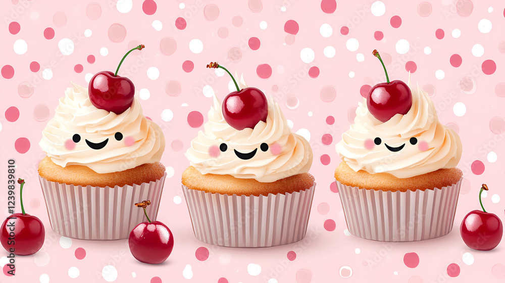 Three Cheerful Cupcakes: Three delightful cupcakes, each topped with a swirl of vanilla frosting, a bright red cherry, and a cheerful smiling face. Three Cheerful Cupcakes: Three delightful cupcakes, each topped with a swirl of vanilla frosting, a bright red cherry, and a cheerful smiling face.