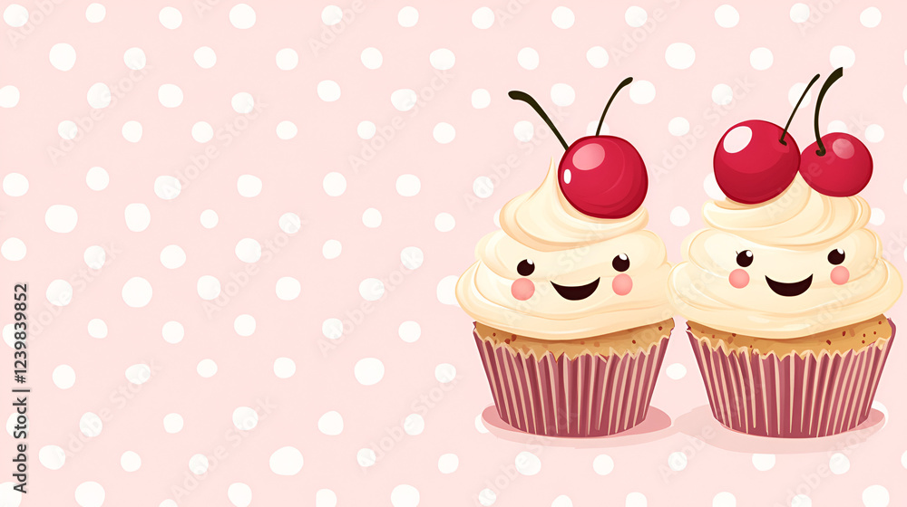 Cute Cherry Cupcakes: Two adorable cupcakes, topped with creamy frosting and juicy cherries, smile sweetly against a charming polka dot background. Perfect for baking blogs, dessert menus. Cute Cherry Cupcakes: Two adorable cupcakes, topped with creamy frosting and juicy cherries, smile sweetly against a charming polka dot background. Perfect for baking blogs, dessert menus.