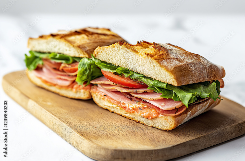 Ciabatta Sandwich with Lettuce, Tomatoes, Ham and Cheese cut in half Ciabatta Sandwich with Lettuce, Tomatoes, Ham and Cheese cut in half