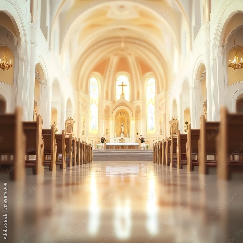 Fototapeta premium Tranquil church interior, sunlight streams in.
