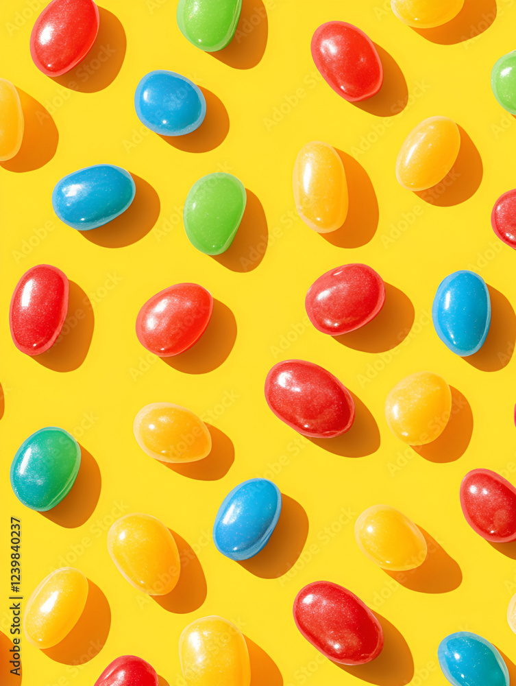 Jelly Bean Pattern: A vibrant and cheerful pattern of colorful jelly beans scattered on a sunny yellow background, creating a playful and sweet visual treat. Jelly Bean Pattern: A vibrant and cheerful pattern of colorful jelly beans scattered on a sunny yellow background, creating a playful and sweet visual treat.